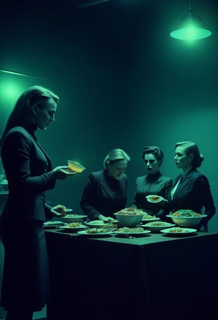ultra realistic 
Dark Sci-Fi.  faded film, desaturated, 35mm photo, grainy, vignette, vintage, Kodachrome, Lomography, stained, highly detailed, found footage
all dressed in stylish, professional attire, (standing around a table filled with various dishes at an office potluck:1.80). The women are shown (feeding their coworkers hypnotic food, with a subtle, eerie glow emanating from the dishes.:3.5)
(thick thighs:1.8) (Massive breasts:1.6) (evil smile:1.8)