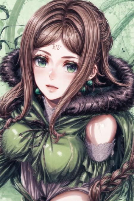 (8k, RAW photo, best quality), ultra-detailed, 1girl, solo, :D, RETRO ANIME STYLE, <lora:FourV3.0:0.75>, black and green,fur coat with fur trim, white,skirt, green,knee socks with black pattern, high boots, hand,right hand,iron glove,  brown hair,two braids,on the back of the head, light green eyes, from above, <lora:add_detail:1.8>