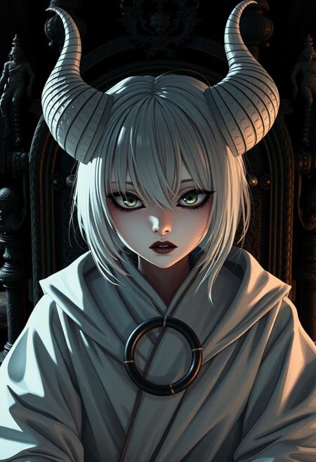 score_9_up, score_9, score_8_up, score_8, score_7_up, score_7, cinematic lighting, raw, high quality, 4k resolution, absurdres, masterpiece, dynamic lighting, high contrast, morimee_style, detailed face, 
1girl, solo, cute, [mature], (white horns:1.3), pale skin, (black eyes), (black sclera), black makeup, black lipstick, ((white hair)), (white robe:1.2), mouth closed, (circlet:1.1),
(disgust:0.8), looking at viewer,
throne, ruins, castle, dark,
(black background:1.2)