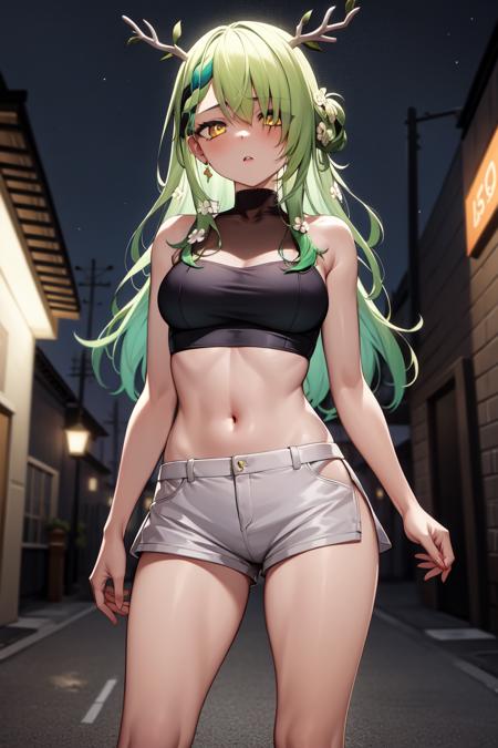 masterpiece, best quality, absurdres, perfect anatomy, 1girl, solo,Ceres Fauna, antlers, long hair, hair flower, braided bangs, stylish outfit, hip hop, midriff, night, alley, neon lights, confident stance