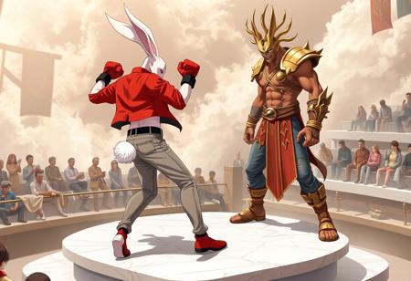 anime, 2 fighters, one has human shape (arms, legs, stature) thin and white skin with 2 long bunny ears from his head upwards and a bit of white fur from his head to his the back of his neck he wears an open red jacket and fingerless gloves and tight back jeans and has a bunny tail outside his jeans and is in a boxer pose, the other is a tall human shape warrior with brown skin gold rings tight on his arms neck biceps and ankles and a gold armor on his head with his face showing his smile if very large and evil his pose is of a fighter, they are on a whte platform made of squire white marbles, floating, with fastastic cicular designs and they have public sitting in floating stands to watch them.