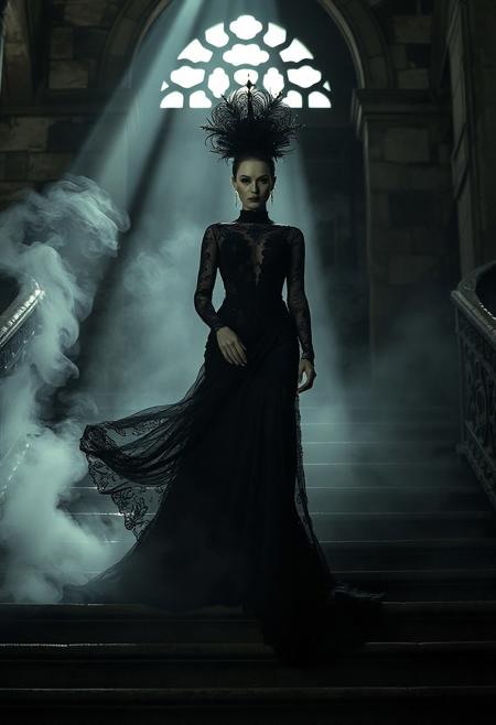A woman with an air of regality and slight menace stands on the steps leading to what appears as if it were once a grand, opulent manor house now in decay. The setting is shrouded by thick swirling mist that seems almost alive—like remnants from another time. Her black lace gown flows dramatically around her form—as though caught between light and shadow—a single beam of dramatic lighting filters through an arched window above casting long shadows on the stone steps with intricate gothic carvings. She wears a complex headpiece adorned in dark velvet that enhances both beauty and unsettling presence. This image is inspired by Kentaro Miura’s visual storytelling—both elegant yet haunting—with cinematic depth, high detail rendering at 8k resolution*
