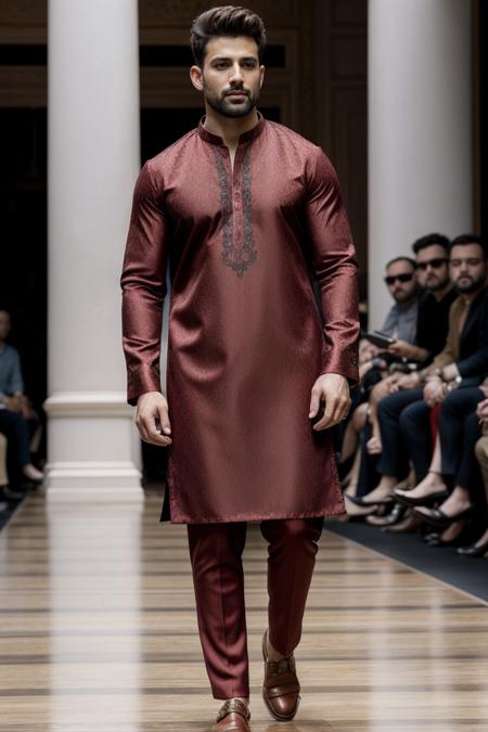 ((best quality)), ((masterpiece)), ((ultra realistic)),(dynamic sexy pose), masterpiece trending on art station of a beautiful Pakistani male model walks down the runway at the fashion show during Milan Fashion week in Milan, Italy, motion blur, wearing a xyzsankurta, (highly detailed:1.3),  Maroon Kurta, Shalwar, Shoes, <lora:xyzsankurta:0.8>, professional, moody cinematic lighting, masterpiece, realistic, roughness, ultra realistic, masterpiece, realistic, roughness, ultra realistic, (bokeh:1.3), photographed on a Canon EOS R5, 50mm lens, muted colors, F/2.8, HDR, 8k resolution, highres, high detail, sharp focus, smooth, roughness, real life, photorealism, photography, 8k uhd, (motion blur:1.001), <lora:add_detail:0.5> <lyco:GoodHands-beta2:1.0>