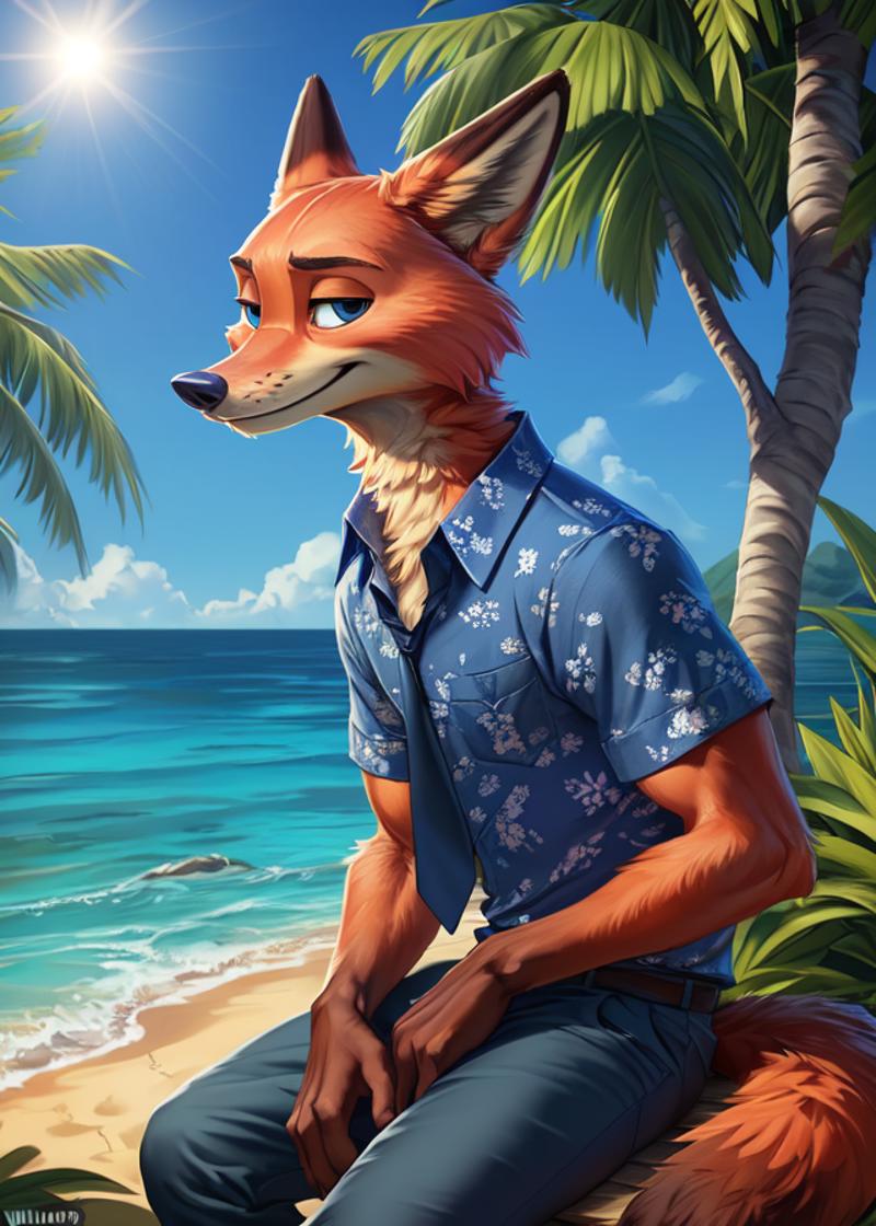 Cartoon Fox Character in Blue Shirt and Tie with Ocean in Background