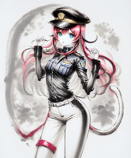 1girl, inkwash,
policewoman,red_hair,blue big eyes, long hair,(white_streaked), Animal ears, cat ears,cat tail, police_uniform,tight pants,police_hat,small breasts,
<lora:inkwash:1.2>,