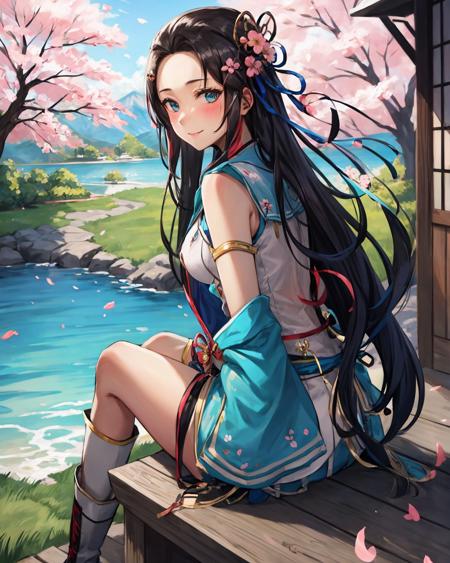 best quality, (masterpiece:1.2), illustration, absurdres,
(1girl, solo), (beautiful detailed girl),
<lora:LadyHayakawa:0.95>, Lady Hayakawa, black hair, long hair,  blue eyes, small breasts, hair ornament,
aqua dress, grey boots,
distant mountains, cherry trees, cherry blossom, petals, japanese architecture, river,,
looking at viewer, gentle smile, blush,
(crossed legs:1.2), from behind,