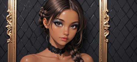 young woman, looking at viewer, portrait, black wall on background, bare shoulders, choker, black eyeliner, eyeshadow, eyelashes, detached sleeves, elegant, close,, <lora:Woomy_4_Flux:1.1> dark skin, dark eyes, brown hair, braid over shoulder,