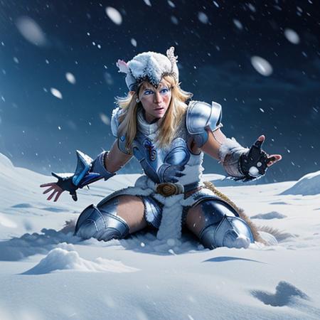 ,1 young man,solo,
zzhyogacygnuszz , 
 blond hair man in armor with a belt, blue eyes, boots, fingerless gloves, full body, gauntlets, helme
scared,raised eyebrows,
((snow, ice, snowing, snowflakes, in snow, snow on head , snow on shoulders, establishing shot under snow)),
negative space, high key lighting, depth of field,