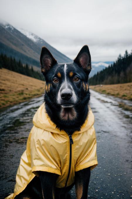 close-up portrait photo of a dog, wearing a yellow raincoat for dogs, standing in the middle of a country road, winter mountain in the background, rainy day, Kodak Portra, depth of field  <lora:add_detail:0.7>  <lora:InstantPhotoX3:0.5>