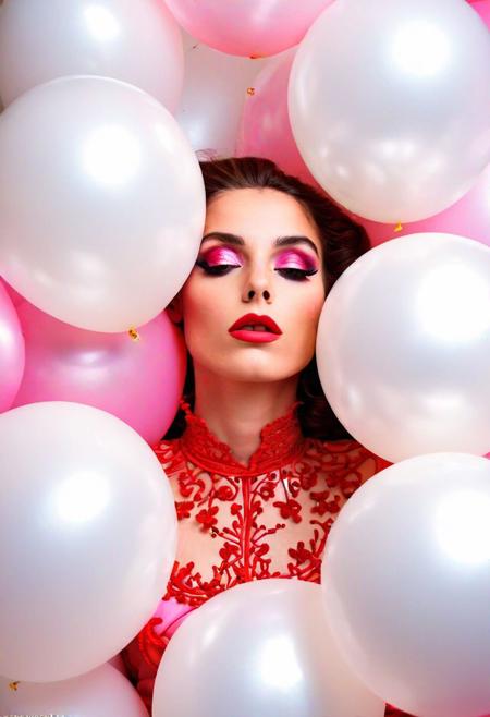 Persian color palette , Persian art, Persian girl, Persian, Iranian, Iran,fashion portrait photo of beautiful young woman from of a ton of white balloons, taken on a hasselblad  iconoclastic pinnacle of creativity with intricate details, (cadmium red and electricblue colors:0.1),(looking at the viewer), (Francis Drake : 1,2) ((best quality)), (artistic photography by Philippe Halsman and Ara Gler:1.2), (bubblegumpink and striped colors:0.1), <lora:MJ52:0.65>
(Ethel Warwick:1.3), modelshoot, pose, , (Ethel Warwick: 1,2) award winning photo macro shot of a beautiful young woman lying , , dynamic lighting, cinematic still, pale skin, screencap, 100mm f/2.8 macro lens, on the knees)(((dynamic pose:1.2),(dynamic camera),(amateur photo:1.3,art retouch,, ),
full body, battle stancevibrant, neon colors, , highly detailed,byJocelyn Hobbie and Charles Dwyer, Triadic color guide,Leica Q2 with Summilux 28mm f/1.7 ASPH, ,clear face, Ultra High Resolution, wallpaper, 8K,Rich texture details, hyper detailed, detailed eyes, detailed background, dramatic angle, epic composition, SimplepositiveXLv1 (masterpiece, high quality, fisheye:1.2), solo, model photoshoot, (black theme:1.1), a stylish girl,