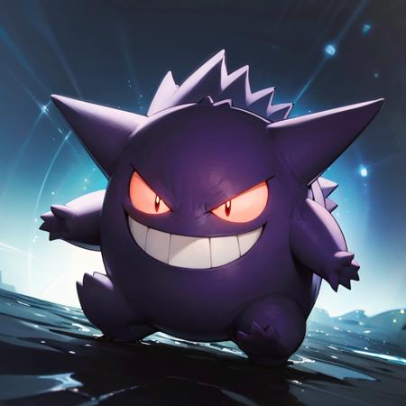 ((masterpiece,best quality)), absurdres,
<lora:Gengar_Pokemon_v2_Anime:0.7>, Gengar_Pokemon,  no humans, pokemon \(creature\),
solo, smiling, looking at viewer, 
purple theme, cinematic composition,