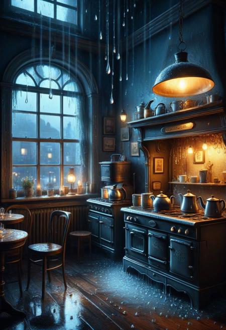 masterpiece, fantasy, digital art, highly detailed, overall detail, atmospheric lighting, Realistic. An old coffee shop in the evening. Cozy, warm lights. A fire burns in an old stove. Water is boiling in a teakettle. Worn-out furniture. Water is boiling in a teakettle. Beautiful porcelain and paintings. Silk lampshades. The window overlooks the evening street. It's raining outside highly detailed styling, studio photo, intricate details, highly detailed, cinematic, all coverd by dipping water drop, in Crystal cavern with glowing crystals and magical formations. made of dipping water drops, flying water drops, outdoors,