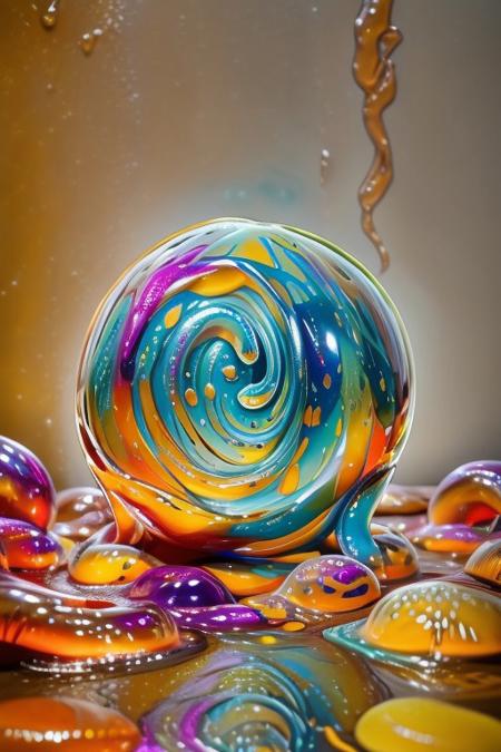 sl1m3d, score_9, score_8_up, score_7_up, high res image, masterpiece, best quality, (slime-morph:1.2), made of slime, exploding, slime explosion, shiny, glossy, wet, simple background, Focus from above,
