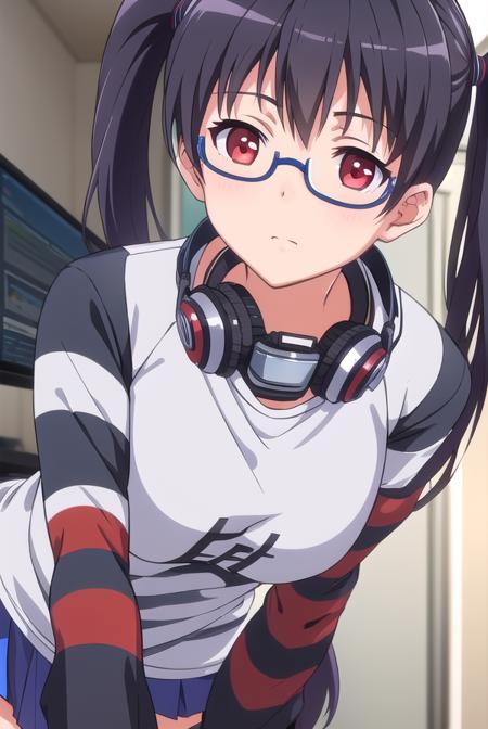 iorikousaka, <lyco:iorikousaka-lyco-nochekaiser:1>, 
iori kousaka, black hair, twintails, glasses, (red eyes:1.5),
BREAK skirt, thighhighs, pantyhose, (striped sleeves:1.5), shirt, headphones, t-shirt, clothes writing, semi-rimless eyewear, headphones around neck, raglan sleeves,
BREAK looking at viewer,
BREAK indoors,
BREAK <lora:GoodHands-vanilla:1>, (masterpiece:1.2), best quality, high resolution, unity 8k wallpaper, (illustration:0.8), (beautiful detailed eyes:1.6), extremely detailed face, perfect lighting, extremely detailed CG, (perfect hands, perfect anatomy),