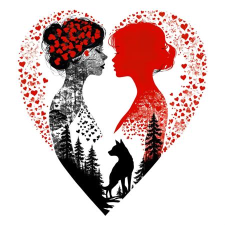 fox and the silhouette of girl double-exposure, (double exposure style:1.3), by Thiago Bianchini and Conrad Roset, lovely, intricately detailed, high contrast, artistic masterpiece, epic, hyperdetailed, heart shape, red and black and white