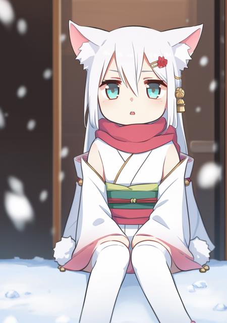 1girl,animal ear fluff,animal ears,aqua eyes,bangs,bell,blue eyes,blurry,blush,depth of field,flower,fox ears,fox tail,frilled kimono,frilled sleeves,frills,hair between eyes,hair ornament,hairclip,japanese clothes,jingle bell,kimono,long hair,long sleeves,looking at viewer,parted lips,pink scarf,pom pom (clothes),sash,scarf,short kimono,shouji,sitting,sleeves past wrists,sliding doors,snow,snowing,snowman,solo,tail,thighhighs,two side up,very long hair,white hair,white thighhighs,wide sleeves<lora:xinzoruo-05:1>