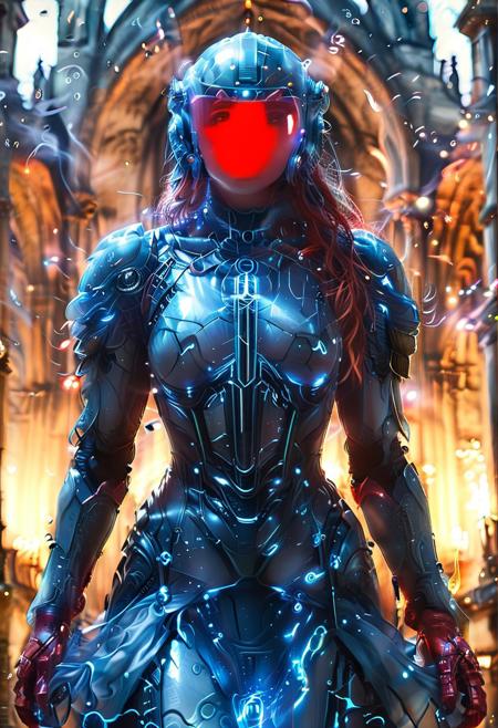 cyborg, red gloves, Realism_Quality_2xx_By_Stable_Yogi, (cathedral:2), outdoors, standing, 1woman, solo, rearview, long hair,  one eye covered by hair, eyeliner, gorgeous lips, covered breasts, cinematic, (masterpiece), (best quality), (ultra-detailed), very aesthetic, detailed eyes, perfect eyes, freckles, aloof, wide dress, long dress, key visual, small waist, fitness body, wide hips, oval face, 32 years old, covered body, top hourglass figure, censored, beautiful high-neck top, fully dressed, mad-hvybdyarmr, helmet, visor, add-detail-xl, future, city.