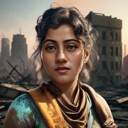 <lora:Madhubala:1> (extremely detailed CG unity 8k wallpaper, hasselblad award winner), beautiful detailed photo of Maghubala woman, beautiful Madhubala woman in the postapocalyptic ruins, old military uniform, disdain and angry, serious look, (postapocalyptic city background), (postapocalypse style), (close up), cinematic lighting, ambient soft lighting, dramatic lighting, diffused soft lighting, (detailed background with ruined city:1.4), (futuristic destroyed city), elite, rich, highly detailed, intricate, small breasts, 8k HD, full body 8k render, photorealistic digital art trending on Artstation 8k HD high definition detailed realistic, masterpiece, high quality, sharp focus, hdr, cinema shot, trending on ArtStation, Intricate, High Detail, Sharp focus, dramatic, photorealistic painting art by midjourney