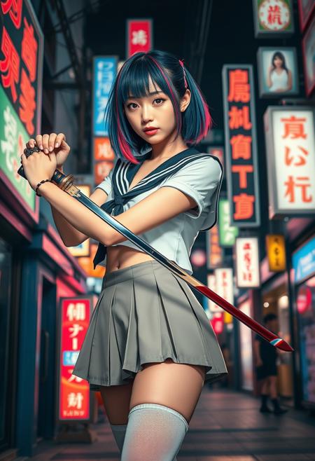 great lighting, intricate detail, beautiful, stunning Japanese cyberpunk woman, 20 years old, two-tone medium length hair, blue with red streaks, bangs, wearing a short sailor blouse cropped above the navel, pierced navel, pleated miniskirt, thigh-high socks, holding katana by the hilt with both hands in a dynamic wielding stance, illuminated by neon signs, on a cyberpunk street at night with neon signs and digital advertising screens, High Detail, Perfect Composition, movie scenes, highly detailed. Photorealistic rendering, dramatic lighting, sharp contrast