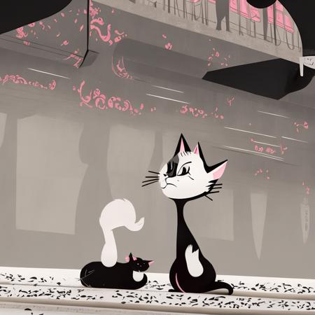 photo, Beautiful woman Stands alone at a high heels end with images of cat in the train wreck scene. crazy!  stinky bun! in the style of <lora:jackscapeSamuraiJack_v1:1.2>