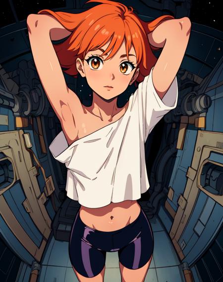 Edward,  midriff, orange hair, (white loose shirt), off shoulder, arms up, 
bike shorts, brown eyes, toned,   pose, 
 space station, engine room, 
standing,  upper body,  from above, 
 (insanely detailed, beautiful detailed face, masterpiece, best quality
 <lora:EDWARD:0.7>