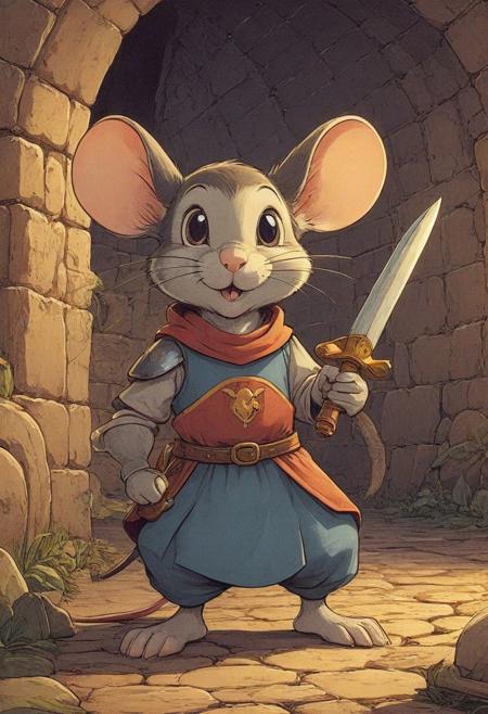 Cartoon of a cute mouse, wearing loose armor, wielding a cheese mace, playful, quirky, 1940's cartoon, vintage cartoon, beautiful, detailed, medieval sewer background,