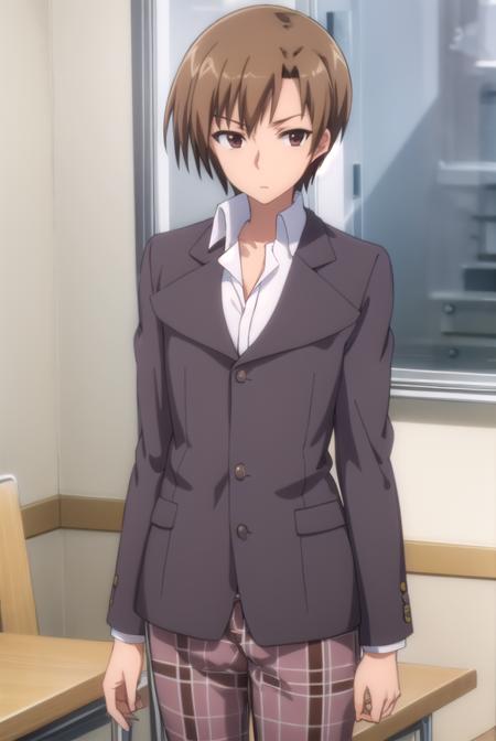 kensugisaki, <lora:ken sugisaki s2-lora-nochekaiser:1>,
ken sugisaki, short hair, brown hair, (brown eyes:1.5), male focus,
BREAK long sleeves, school uniform, jacket, pants, plaid, plaid pants, shirt, white shirt, collared shirt, brown jacket,
BREAK indoors, classroom,
BREAK looking at viewer, (cowboy shot:1.5),
BREAK <lyco:GoodHands-beta2:1>, (masterpiece:1.2), best quality, high resolution, unity 8k wallpaper, (illustration:0.8), (beautiful detailed eyes:1.6), extremely detailed face, perfect lighting, extremely detailed CG, (perfect hands, perfect anatomy),