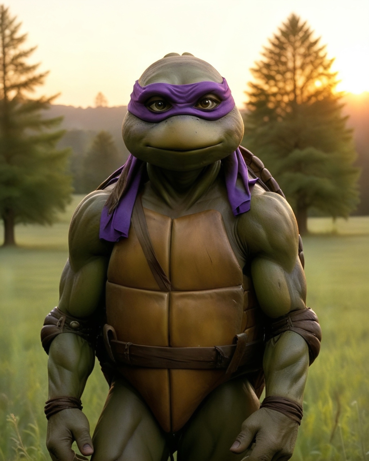 A large, muscular Teenage Mutant Ninja Turtle statue standing in a grassy field.