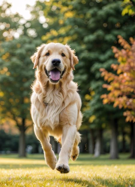 hyper realistic image of a golden retriever, running towards viewer very fast, motion blur, in a park, joy, happy, detailed face.
