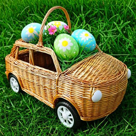 Fantasy Easter wicker basket pickup car, a wicker pickup car, 
Fantasy vehicle made of Easter wicker basket with flowers and Easter eggs, 
fantastic easter eggs vehicle, vehicle, Fantasy car. 
happy easter, easter egg, easter, 
easter basket, colorfulll easter eggs, green grass, 
Polish highlander woman with easter basket and smiles kindly