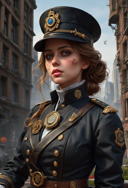 <lora:md2034:0.5> triggering, blood splatter, dystopian
poster_\(medium\),  Intense looking but cute, adorable, and attractive woman, wearing an old fashioned looking black militaristic uniform and cybernetic monocle, smoking a 19th century Sitter-pipe, stands directly in front of big stompy battle-mechs, with an expansive cityscape in the far distant background, ((above her is an 'it's a glorious future' type emblem)),  (simple_background:1.3), symmetry,(no_humans:1.3),, (masterpiece:1.3), (best_quality:1.3), (ultra_detailed:1.3), 8k, extremely_clear, realism, (ultrarealistic:1.3),, insane details, intricate details, hyperdetailed, ultra detailed, extreme detailed, highest detailed, high_detail, epic, attention getting, hdr, photorealistic, highres, ultra_high_res, photography, aesthetic, extremely_delicate, ng_deepnegative_v1_75t, Ellis-RealismBoost, epiCRealism