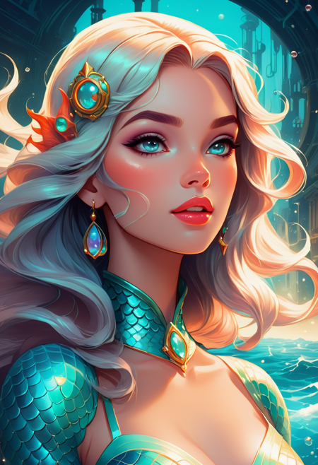 retro-futuristic Masterpiece, high quality, stunning composition, highly rated artwork, detailed art, many details, fairytale, storybook detailed illustration, complex background. ((looking at viewer))
fish princess, face closeup, big lips, open mouth, mermaid, Melancholic gaze, grunge waves, Industrial edge
<lora:20250419-1745075667520:0.8>,  <lora:SDXLFaeTastic2400:0.6> . vintage sci-fi, 50s and 60s style, atomic age, vibrant, highly detailed
