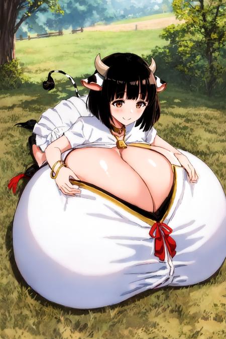 cow maiden \(maoyuu\), 1girl, solo, gigantic breasts, hyperbreasts, cow tail, cow girl, brown eyes, cow ears, black hair, cleavage, blush, on breasts, cow horns, lying, outdoors, bracelet, white shirt, white skirt, leaning forward, smile, bob cut, <lora:CowMaiden:0.6>, <lora:hyperfusion_213k_32dim-LoCon-epoc6-v5:1>