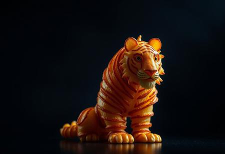 tigre formado por patatas fritas, colores vibrantes, aspecto tranquilo,  fondo oscuro, primer plano, iluminacion derecha, cuerpo de patatas, cortadas, rodajas, sentado mirando a la camara, fotografia cinematografica.