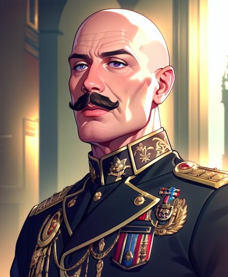 masterpiece, best quality, high quality, (realistic), detailed lips, detailed face, detailed eyes,  1boy, mature male, bald, noble, warhammer 40k, short hair, jacket, epaulettes, aguilettes, gold trim, military uniform, mustache, brocade, gothic architecture, indoors