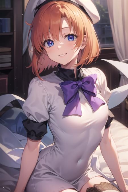 renaryuuguu, <lora:renatest:1>,
rena ryuuguu, orange hair, short hair, blue eyes, smile, grin, (small breast:1.2),
BREAK beret, black thighhighs, bow, bowtie, dress, hat, puffy short sleeves, puffy sleeves, purple bow, purple bowtie, short sleeves, thighhighs, white dress, zettai ryouiki,
BREAK looking at viewer,
BREAK indoors, bed,
BREAK <lora:GoodHands-vanilla:1>, (masterpiece:1.2), best quality, high resolution, unity 8k wallpaper, (illustration:0.8), (beautiful detailed eyes:1.6), extremely detailed face, perfect lighting, extremely detailed CG, (perfect hands, perfect anatomy),