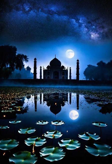 Stunning quality, artistic marvel, superior craftsmanship, hyper-realistic, ultra-high definition, depth of focus on the grandeur of Black Taj Mahal, surrounded by dark, silhouetted foliage, night setting, ghostly fog enveloping the base, glowing fireflies, detailed reflection in Yamuna River, mysterious and polished black marble, moon casting a soft glow, twinkling stars overhead, water droplets on lotus ponds after rainfall