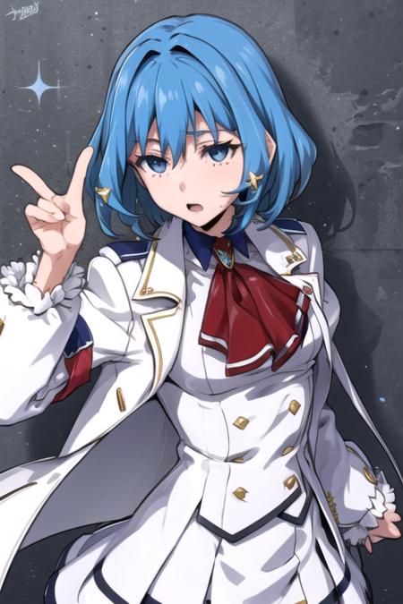 YuikaMizuha, 1girl, solo, short hair, blue eyes, white skirt, long sleeves, blue hair, puffy sleeves, uniform, red ascot, white jacket