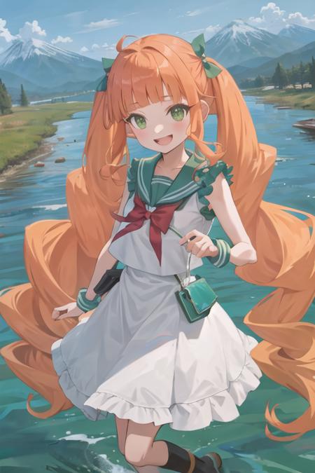 1girl, pomponette, blunt bangs, twintails, green eyes, hair bow, white dress, sailor collar, mountain, river, :d <lora:pomponette:0.6>