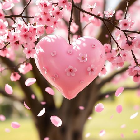 Pink heart, sakura petals everywhere