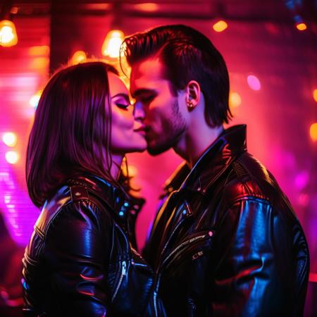 Beautiful young Woman hugs man from behind, kissing his neck, woman is a little taller than man, wearing leather jacket, hazy night club with neon lights