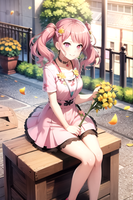 <lora:Ayaya-10:0.7>,ayaya, 1girl, solo, looking at viewer, blush, smile, hair ornament, dress, holding, twintails, jewelry, sitting, pink hair, flower, short sleeves, choker, pink eyes, hair bun, petals, rose, pink dress, star hair ornament, yellow flower, pink footwear, butterfly hair ornament