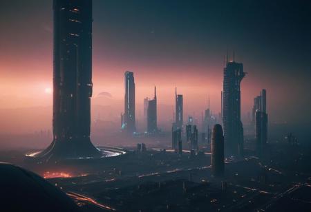 Cyberpunk style city, tall neon skyscrapers, ecumenopolis, sci-fi aesthetics, film photography style, a moody picture of Gas Giant alien landscape composed primarily of hydrogen and helium, with no solid surface and a thick atmosphere (with a tall cylinder spaceport in the background:1.2), cloudy weather, at dawn, dim lit, foggy, muted colors, hazy, vintage, analog style, Busy crowded city strret, City<lora:SDXL_FILM_PHOTOGRAPHY_STYLE_Alphav0.2:1>