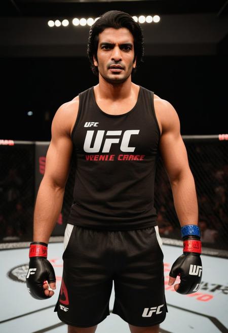 homoerotic photo of sebastian de souza a man <lora:Gashmeer-Mahajani_Sebastian-De-Souza:1>, UFC fighting ring, cocky expression, as a UFC fighter, (black muscle shirt:1.4), Venum UFC shorts, ((full body portrait)), wide angle, ((masterpiece)), natural skin, natural body muscle definitions, adobe lightroom, photolab, intricate, highly detailed, sharp focus, insane details, intricate details, hyperdetailed, low contrast, soft cinematic light, exposure blend, dim colors, dim light,  Award - winning, with Kodak Portra 800, a Hasselblad 500 ,55mm f/ 1.9 lens, extreme depth of field, available light, high contrast, Ultra HD, HDR, DTM, 8K,