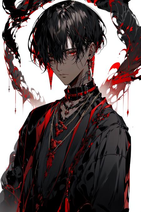 <lora:C_dark:1>solo, looking_at_viewer, short_hair, bangs, shirt, black_hair, red_eyes, 1boy, jewelry, closed_mouth, collarbone, upper_body, male_focus, earrings, dark_skin, necklace, hair_over_one_eye, collar, parted_bangs, black_shirt, blood, chain, cross, red_background, red_theme