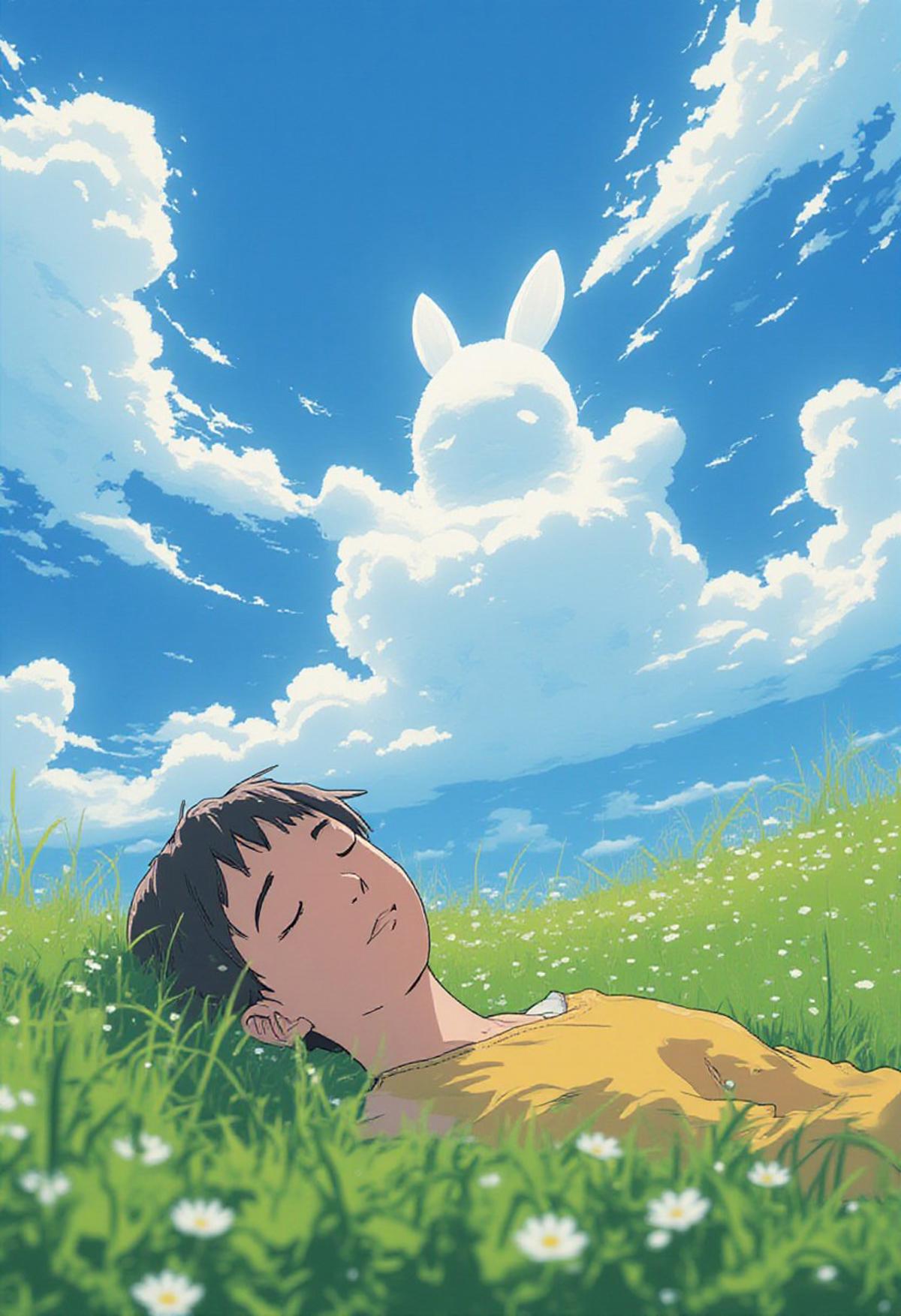 "Breathtaking Anime style image of a person relaxing in a serene field, gazing up at cloud that depicts a rabbit. The person is reclined on a blanket, surrounded by lush green grass and vibrant wildflowers. The cloud is intricately detailed. The cloud is puffy and white, with subtle texture and shading that gives the image a sense of depth and dimensionality. The person's face is relaxed and content, with a gentle smile and a gaze that is lost in the wonder of the cloud. The sky is a brilliant blue, with a few wispy cirrus clouds adding to the sense of atmosphere. Style: hyper-realistic, extremely detailed, and intricately textured, with a focus on capturing the peaceful and dreamlike quality of the scene." (Highest quality 8k masterpiece in HDR)