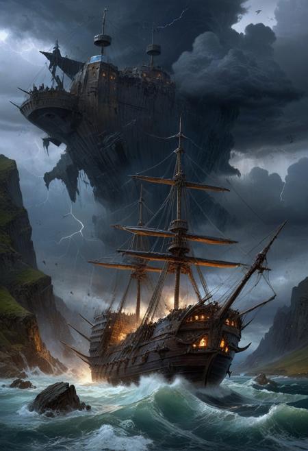 Night Landscape oil painting where the storm is the focal point. The storm dominates the skyscape while in the foreground a flying ship is battered by the winds. To spindly metal spires stand resolute in the face of the coming storm, built within a steep mountain pass. ((Highest quality:1.0),(High resolution:1.0), (masterpiece:1.0), (overview:0.6), beautiful and aesthetic:1.3), extreme detailed, colorful, highest detailed,((ultra-detailed)),(highly detailed CG illustration),((Gloomy and Dark Atmosphere)),,