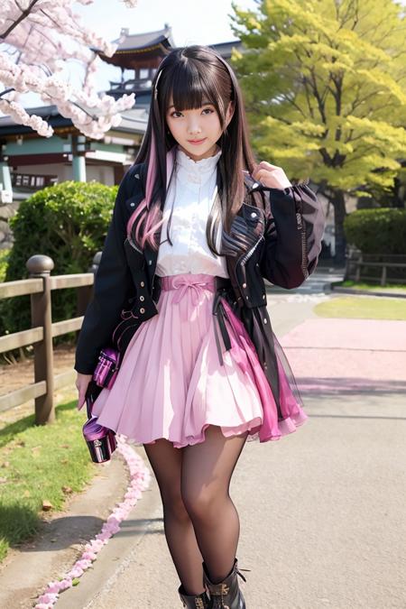 1girl, jacket, shock_pink skirt, (black tights), short boots,  lips, lipstick, realistic,  solo, standing, best quality, photorealistic, masterpiece, 8k, high res, solo, (((woman))), (medium breast), ((looking at the viewer)), (looking at the camera), (long hair), (professional lighting, bokeh),top angle view, extremely detailed face, fashionable and trendy atmosphere, japan, street, park, river, bridge,  sakura, sakura blossom, ((daytime)), (portrait:0.6), seductive smile, gorgeous, floating hair, (light particles, lens flare, glowing particles:0.6), (dynamic pose:1.2), soft lighting, brown hair, full body, narrow face, smile,  mask, japanese, gothic, heterochromia eye, purple left eye, blue right eye, beroba, uniform, black hair with highlight, nail_polish, pink_nails,  <lora:Beroba:0.8>