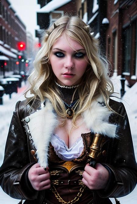 taylor, steampunk, Artistic Portrait 18yo beautiful woman, perfect nose, perfect face, perfect, gorgerous, slim girl , Caucasian, white skin, white eyes,  snowstorm,  snow, wind, blizzard, light theme, steampunk outfit, black eyeliner, cinematic light, Night Photography, Light Beans, dramatic light, intricate details, berfect breasts <lora:steampunkengis_ss13_mech:0.5> <lora:atrizes_v05:1>