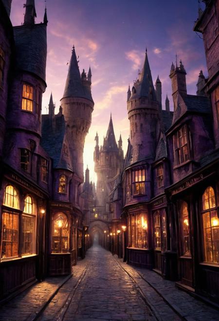 score_9, score_8_up, score_7_up, Diagon Alley promenade, the horror of stars, twilight sunshine, cityscape masterpiece, realistic, best quality, cosmic horror, Style-Volumetric, MJgothic, bright horror, s0lar, castle, blue and purple sky, city streets, spires, stone buildings, (/Harry Potter/)